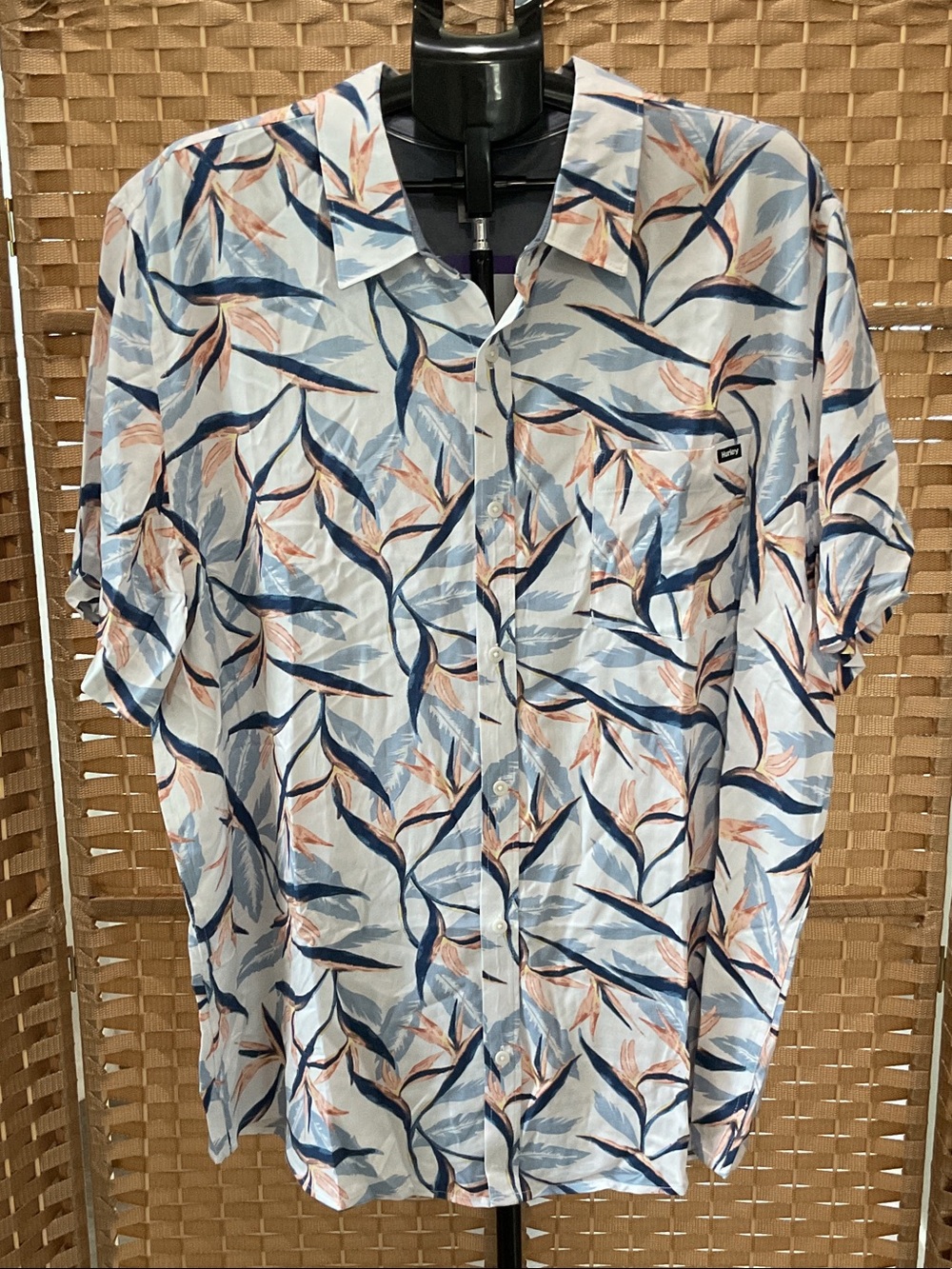 Hurley Blue and Peach Floral Short-Sleeve Button-Down Shirt
